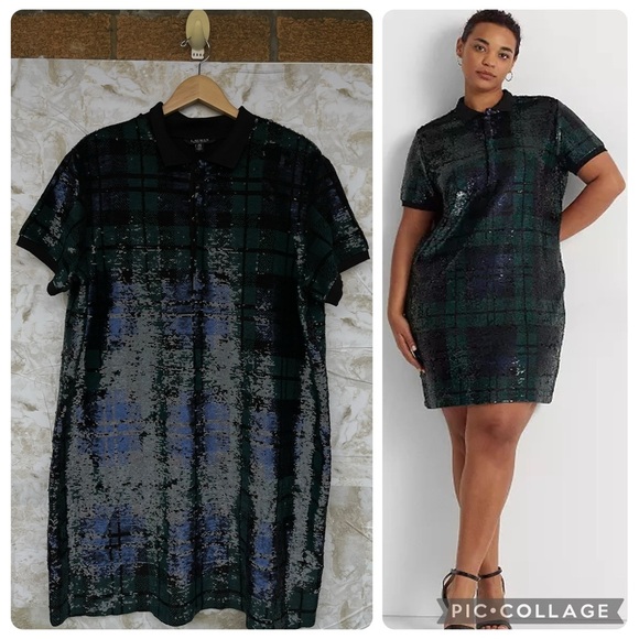 Lauren Ralph Lauren black label 
Plus Size Sequined Plaid Polo Dress size 2X - Picture 1 of 12